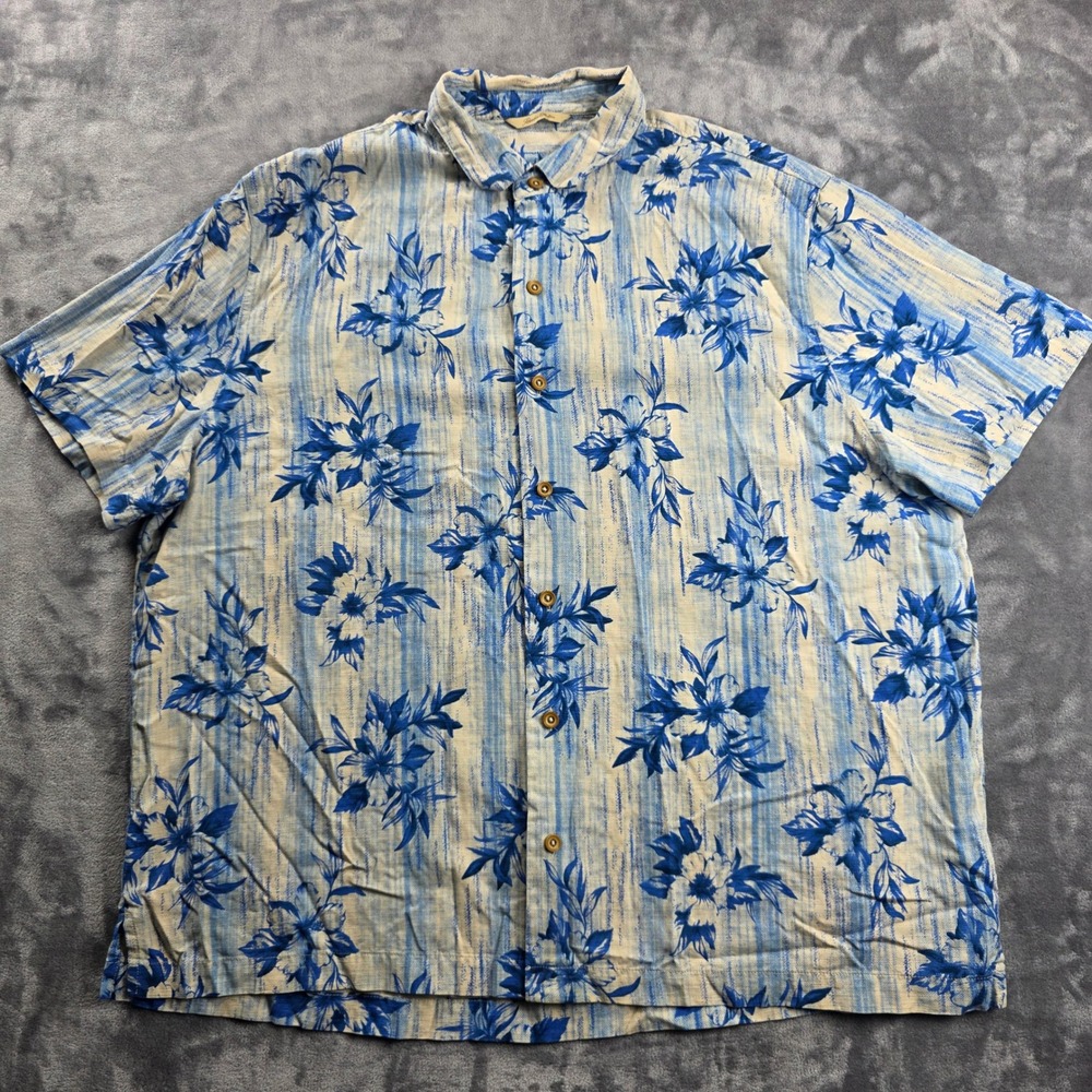Paradise Collection Button Up Shirt Mens XXL Blue Silk‎ Floral Tropical Stripe
